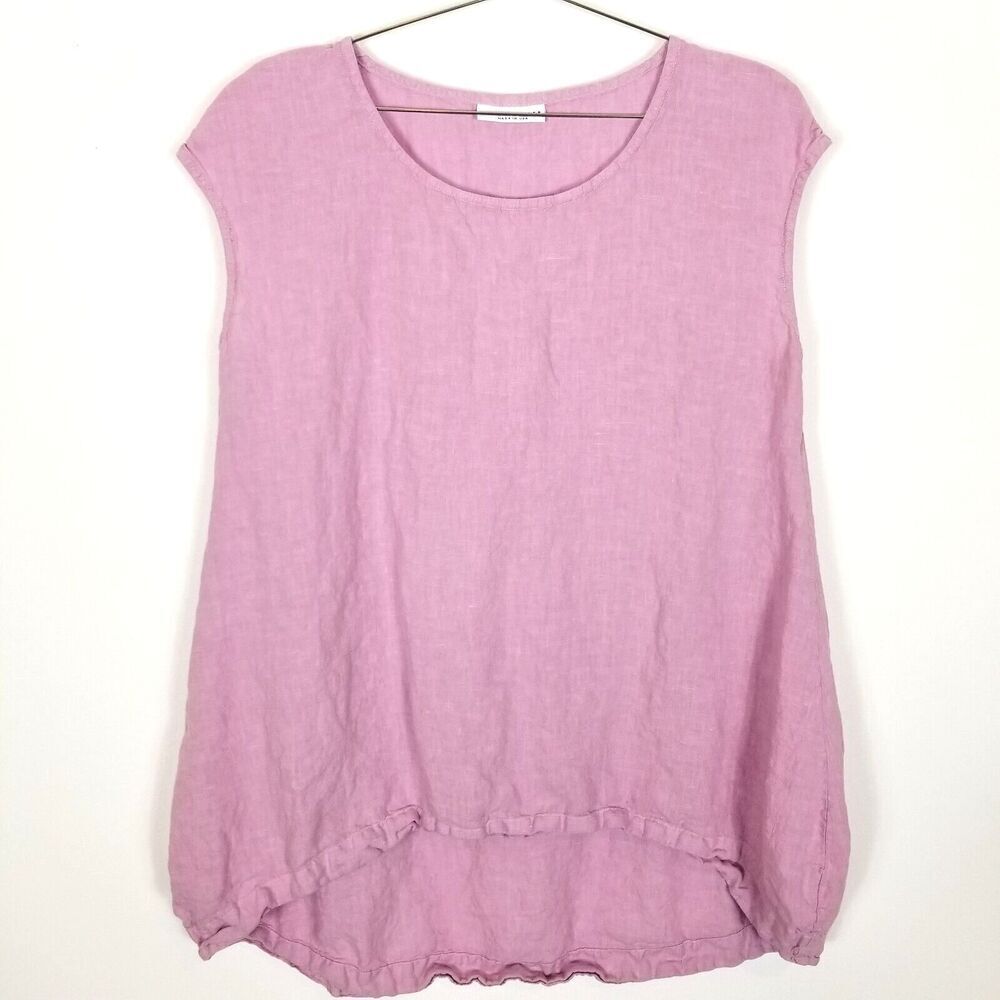Bryan Walker Women 100% Linen Blouse Top Sz L Pink Short Cap Sleeve ‎ Hi Low